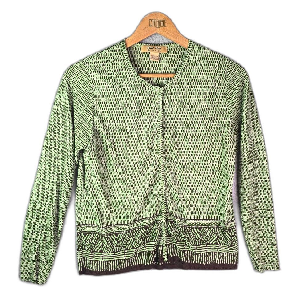 Pleat Pleat by Rafael Geometric Print Cardigan Green Brown M Vintage 90s